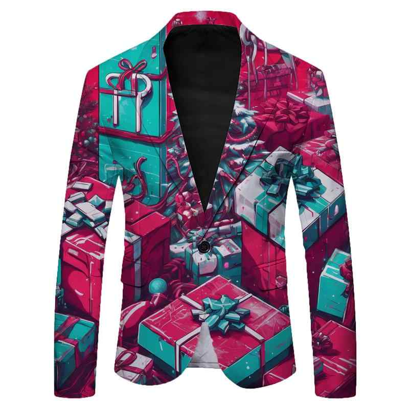 テーラードジャケット メンズ ブレザー アウター サンタクロース クリスマス パーティー イベント 忘年会 スリム 総柄 プリント 紳士服 ポリエステル ボタン 長袖 オールシーズン カジュアル 派手 高級感 おしゃれ