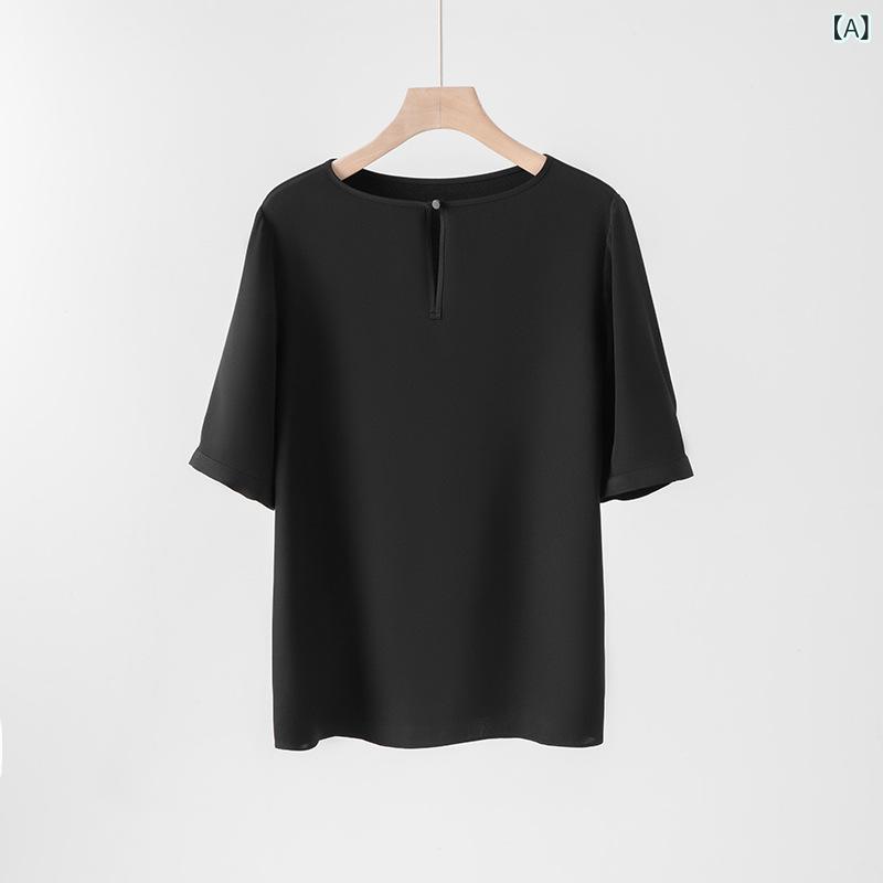 Tシャツ レディース 半袖 春夏 トップス カットソー プルオーバー ブラウス クルーネック 丸首 無地 黒 ブラック 通勤 オフィス 普段使い きれいめ 上品 高級感 接触冷感 体型カバー 着痩せ ボタン 2