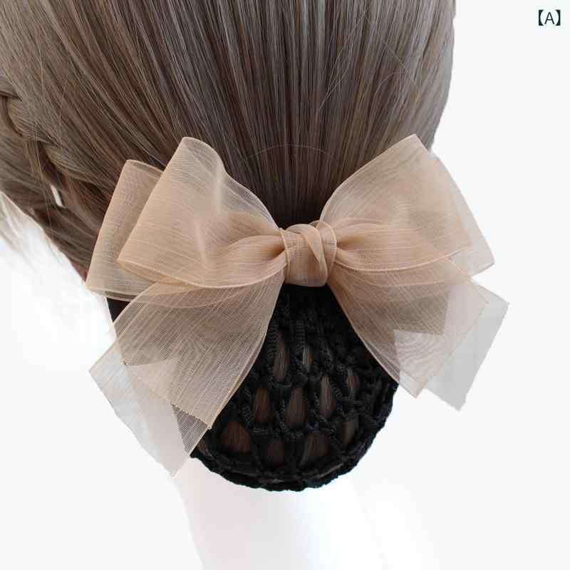 フロントップ楽天市場店のバレッタ レディース シニヨンネット お団子 髪留め リボン ヘアアクセサリー 看護師 接客 事務 フォーマル ブラック ネイビー ベージュ オーガンジー シフォン ハンドメイド 格子柄 高級感 春夏｜アングル2