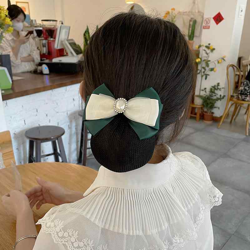 バレッタ レディース リボン シニヨン ネット お団子 髪留め ヘアアクセサリー 仕事用 事務 接客 フォーマル ダークグリーン エメラルド 深緑 パール ラインストーン ビジュー 上品 エレガント 高級感 ハンドメイド 合金