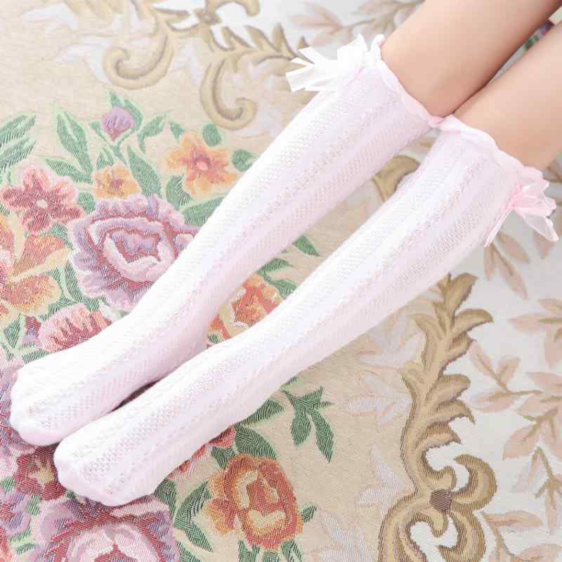 靴下 女の子 キッズ 子供 ハイソックス ロング丈 春夏 薄手 通気性 透け感 メッシュ素材 レース フリル リボン プリンセス かわいい ガーリー 白 ピンク グレー 普段使い お出かけ 発表会 3-8歳