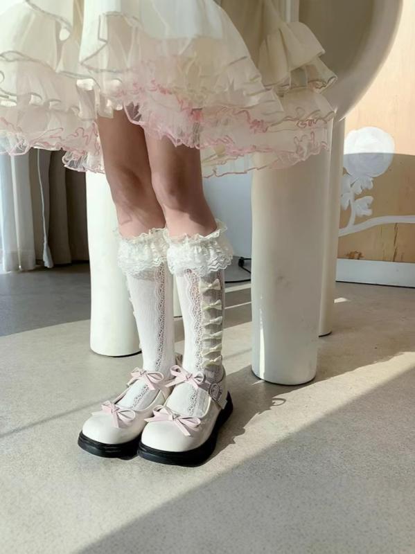 靴下 女の子 キッズ 春夏 ハイソックス レース リボン くしゅくしゅ 接触冷感 通気性 防臭 綿 コットン 薄手 かわいい おしゃれ プリンセス ロリータ フォーマル 発表会 普段使い ブラック ホワイト アイボリー