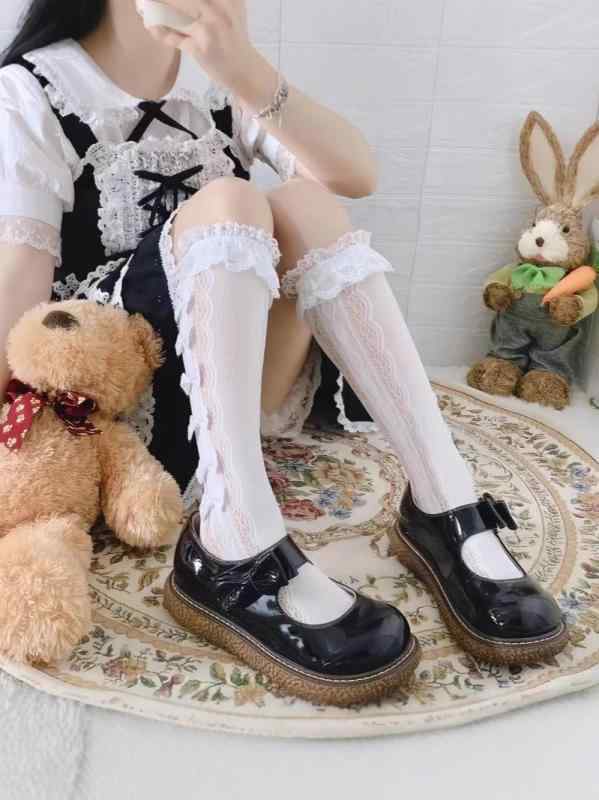 Socks, Tights, Spats - 靴下 キッズ 女の子 ロリータ プリンセス かわいい リボン 春夏 レース ハイソックス くしゅくしゅ 発表会 結婚式 普段使い メッシュ 通気性 吸汗 防臭 薄手 無地 ポリエステル 黒 白 イエロー系 3-10歳