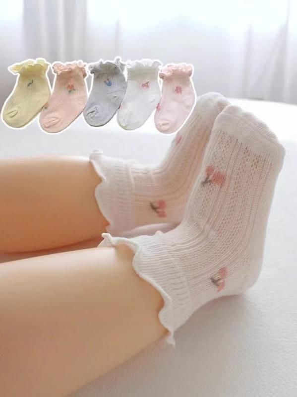 靴下 ベビー 男の子 女の子 ソックス 新生児 春夏 メッシュ 通気 吸汗速乾 薄手 コーマ素材 クルー丈 ミドル レース かわいい フリル 蒸れにくい ストレッチ 白 ピンク 黄 お出かけ 普段使い 綿 コットン