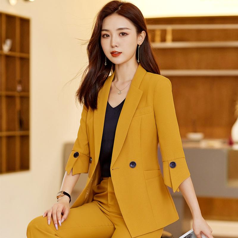 Suits For Job Interviews - セットアップ レディース テーラードジャケット フレアパンツ スラックス イエロー ビジネス 通勤 オフィス フォーマル 上品 エレガント 高級感 おしゃれ きれいめ 春夏 七分袖 ポリエステル ストレッチ 通気性 軽量 ボタン