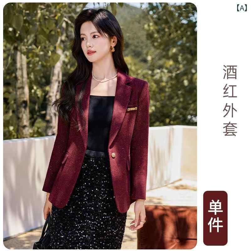 西裤西服 - ジャケット レディース 事務服 アウター 羽織り 上着 トップス 秋冬 厚手 暖かい ゆったり きれいめ 通勤 オフィス カジュアル ラウンドネック 切り替え 高級感 ボタン ポリエステル ポリウレタン ワインレッド ブラウン