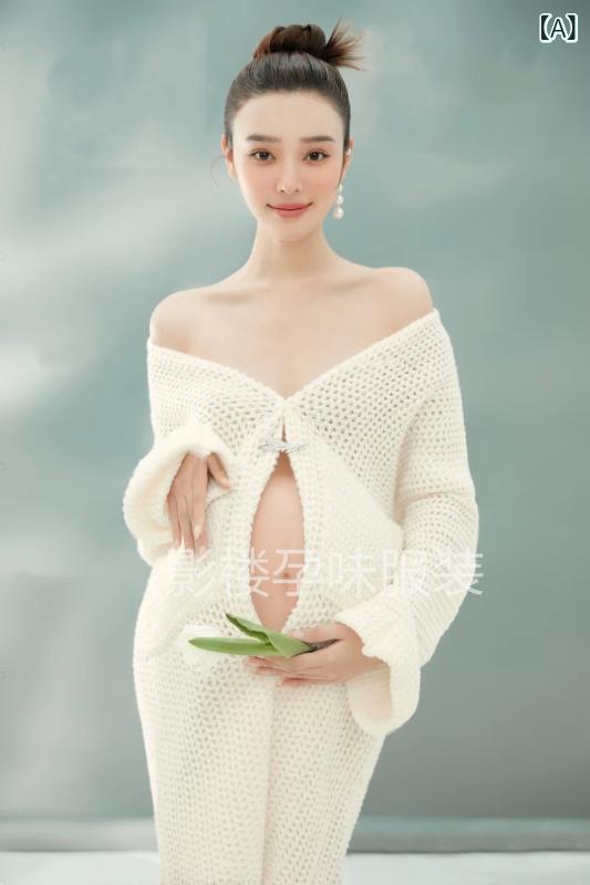 マタニティドレス レディース 妊婦服 前撮り オフショルダー Vネック 長袖 フォトスタジオ衣装 記念写真 清楚 上品 フェミニン 春夏 毛混紡 ポリエステル ホワイト系 アイボリー セットアップ 体型カバー リラックス