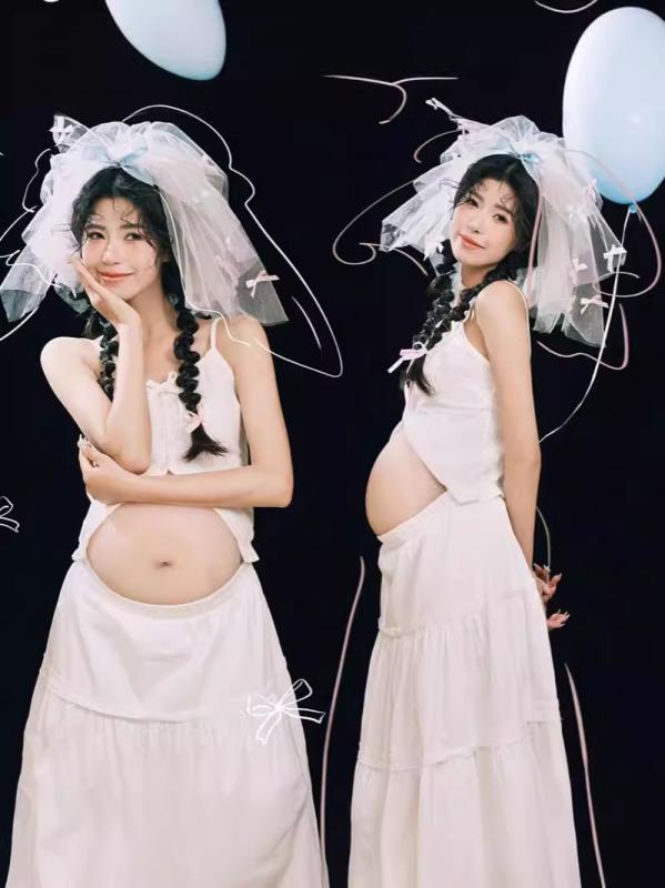 セットアップ レディース マタニティ 妊婦 撮影用 スタジオ 記念 ホワイト かわいい 甘め フェミニン ..