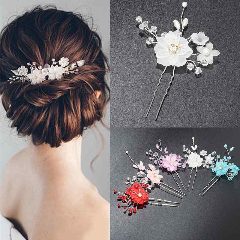 かんざし レディース 髪飾り ヘアアクセサリー Uピン パール 合金 花モチーフ フラワー 樹脂パーツ 韓国 ウェディング 披露宴 着物 フォーマル 上品 エレガント 高級感 華やか ホワイト ピンク パープル