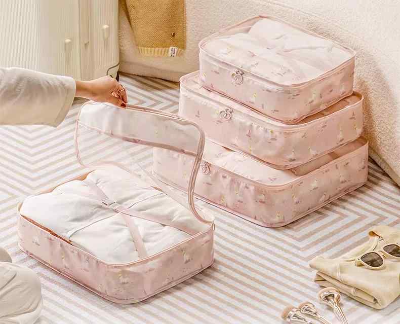 トラベルポーチ かわいい ユニコーン柄 メッシュ 防水 大容量 大きいサイズ 収納袋 下着 衣類 荷物 仕分け 整理整頓 軽量 持ち運び 便利 ファスナー 旅行 出張 帰省 引越し スーツ キャリーケース パッキング オーガナイザー ピンク セット