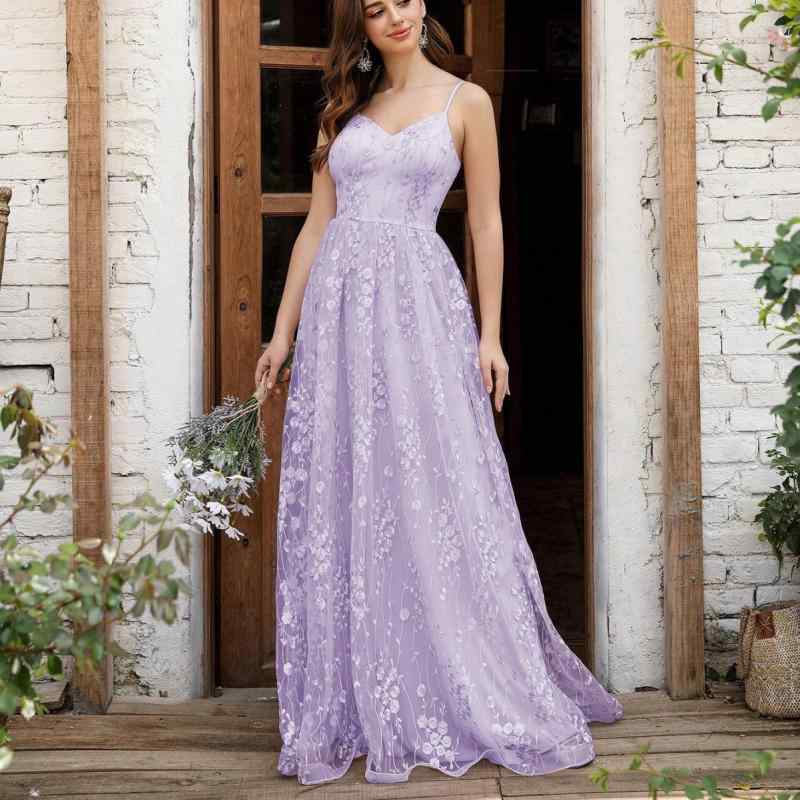 パーティードレス レディース ノースリーブ ロング丈 ワンピース キャミソール Vネック チュール 刺繍 バックレス エレガント 上品 高級感 ブライズメイド Aライン 秋冬 パープル グリーン ブルー 結婚式 二次会