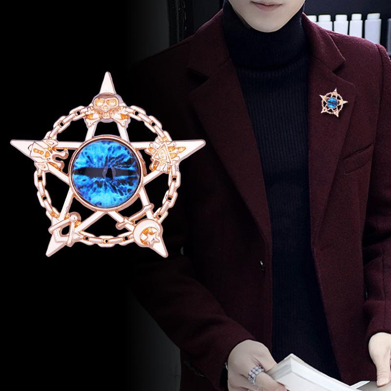 ブローチ メンズ レディース ダビデの星 ヘキサグラム 悪魔の目 イーブルアイ ヒップホップ パンク 欧米風 スーツ ジャケット アクセサリー バッジ コサージュ ラペルピン 合金 電気メッキ加工 人工宝石 ゴールド シルバー ブルー ラッキーアイテム