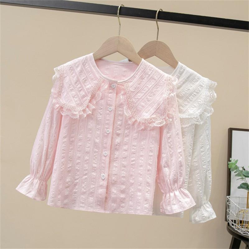 シャツ 女の子 キッズ ジュニア 子供服 長袖 綿 コットン 襟 無地 シンプル 白 ピンク トップス ブラウス 春夏 普段着 通学着 お出かけ かわいい プリンセス おしゃれ カジュアル 柔らかい 通気性 清潔感