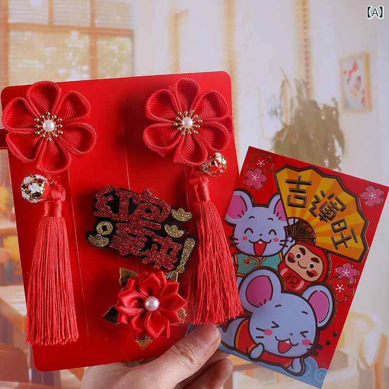 ヘアアクセサリー キッズ 女の子 髪飾り パッチン留め クリップ 蝶結び リボン ポンポン ファー 赤 レッド 中華テイスト 和風 お正月 七五三 お出かけ かわいい 布製 ハンドメイド サイド用 華やか 着物 浴衣