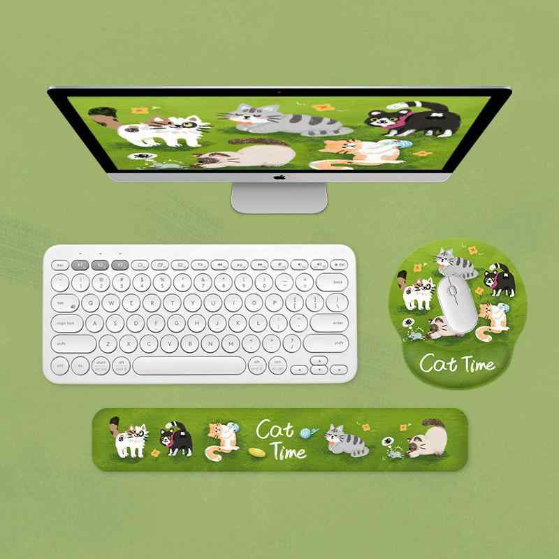 マウスパッド リストレスト かわいい 猫柄 一体型 腱鞘炎対策 オフィス 在宅勤務 PC マット キーボード 癒し 緑 英字 セット 手首 サポート(2.0)