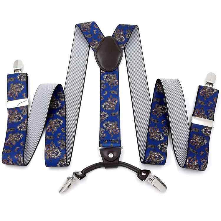サスペンダー メンズ 男性用 シニア 大きいサイズ 4クリップ X型 伸縮性 長さ調節可能 幅広 スラックス ズボン吊り ブルー レッド 総柄 プリント 春夏 フォーマル カジュアル 普段使い 安定感 高級感 ゴムベルト