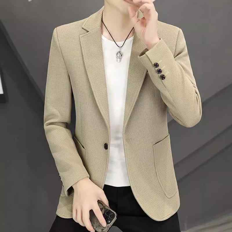 Other - テーラードジャケット メンズ 春秋 ワッフル カジュアル スリム 男性用 紳士服 ブレザー アウター 高級感 アセテート繊維 普段使い 通勤 オフィス ノッチドラペル ボタン 軽量 通気性 カーキ スカイブルー ブラック