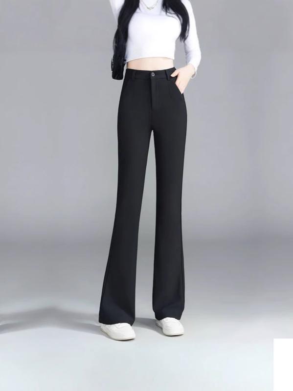 パンツ レディース フレア ベルボトム スラックス ズボン ボトムス ロング丈 春秋 ハイウエスト ストレッチ 伸縮性 低身長 小柄 きれいめ 通勤 オフィス カジュアル 形態安定 シワになりにくい イージーケア ポリエステル ボタン 黒 カーキ 大人