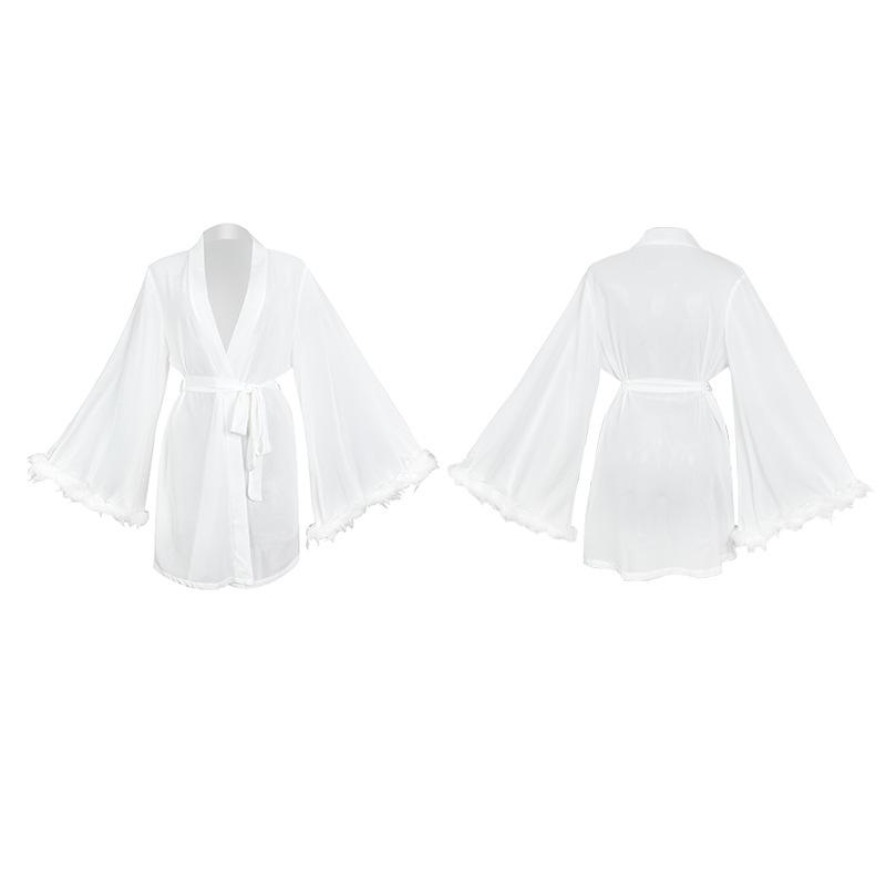 ガウン レディース ルームウェア 部屋着 ネグリジェ シフォン フェザー 切り替え 透け感 シースルー セ..