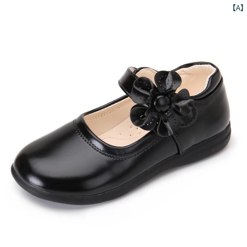 Formal Shoes - パンプス キッズ 女の子 ジュニア フォーマルシューズ 春秋 柔らかい 履きやすい 面ファスナー ストラップ 花 フラワー かわいい 高級感 発表会 結婚式 入学式 ブラック レッド ホワイト 合成革 PU レザー 滑り止め