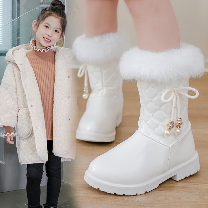 Formal Shoes - ブーツ 女の子 キッズ 子供 ジュニア スノー ムートン 秋冬 ラビットファー 裏起毛 防寒 保温性 あったか プリンセス かわいい 合皮 フェイクレザー ショート ミドル丈 ハーフ 韓国スタイル 通学 白 黒 ピンク