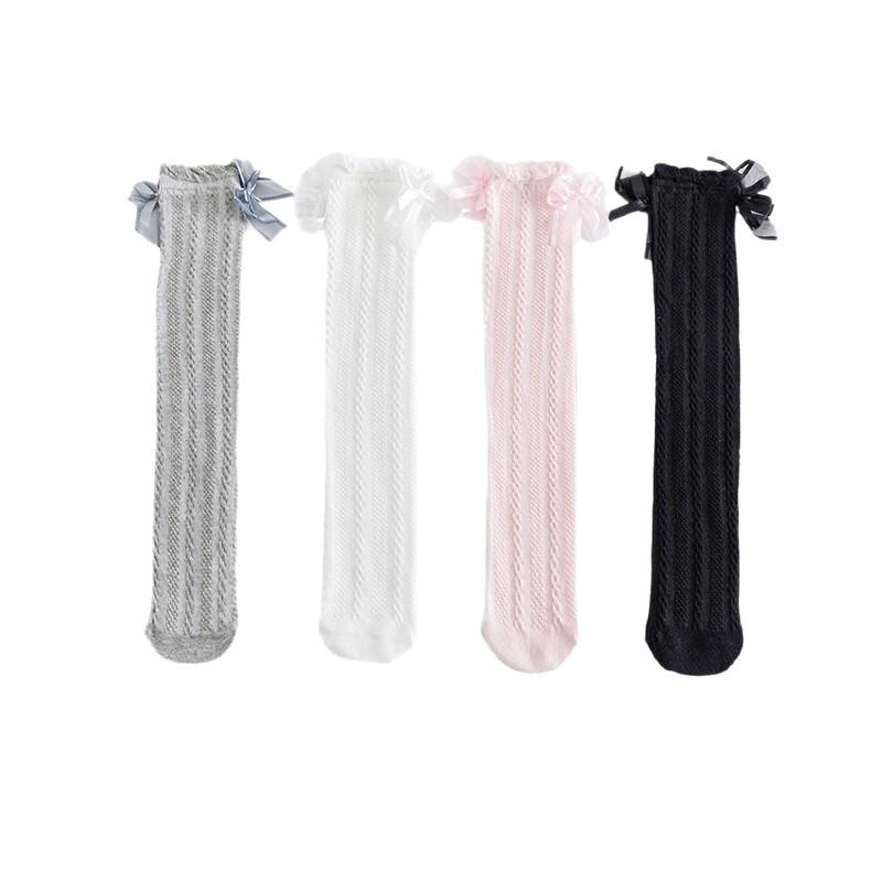 Socks, Tights, Spats - 靴下 女の子 キッズ ニーハイソックス ロング丈 蝶結び リボン レース フリル ロリータ プリンセス お姫様 かわいい 薄手 春夏 通気性 吸汗 防臭 伝線しにくい 幼稚園 お出かけ ポリエステル ホワイト ピンク グレー