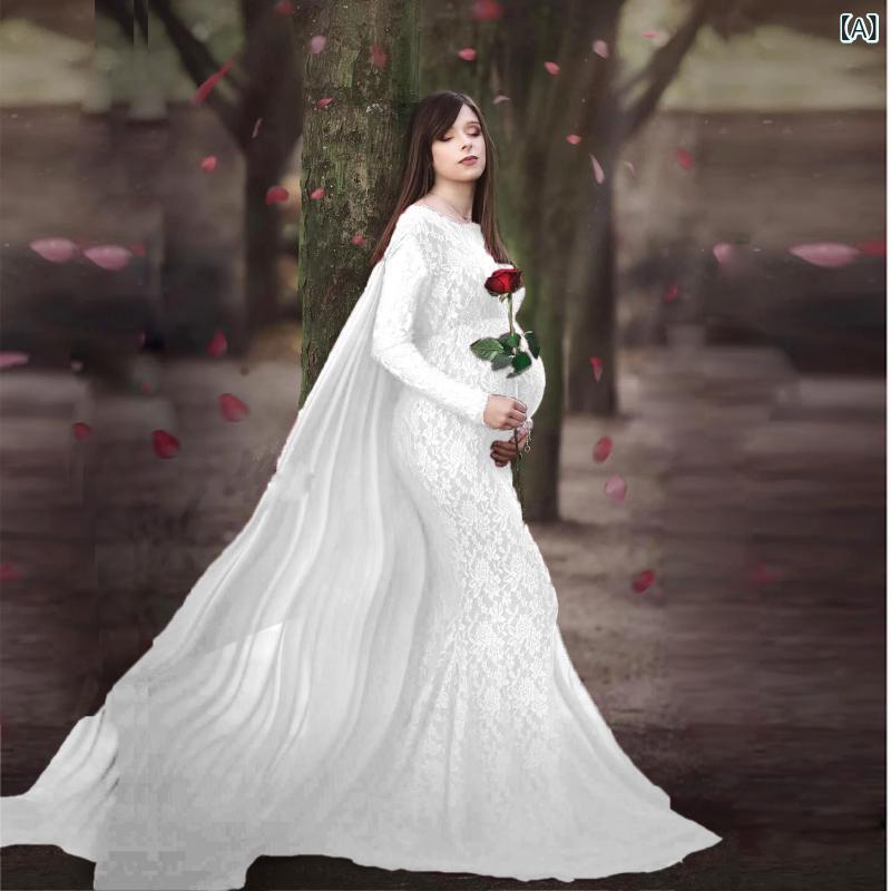 ワンピース レディース マタニティ ドレス 妊婦服 長袖 シフォン 写真撮影用 フォトウェディング 前撮り オフショルダー マキシ丈 トレーン 欧米風 春夏 無地 綿 高級感 かわいい ホワイト ワインレッド ピンク 2
