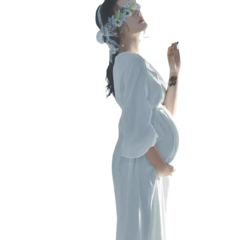 ワンピース レディース マタニティ ドレス 妊婦服 撮影用 フォトスタジオ 記念写真 フレンチスタイル レトロ クラシック ミディ丈 九分袖 ローマコットン 再生繊維 白 ホワイト 高級感 春夏 かわいい エレガント 清楚