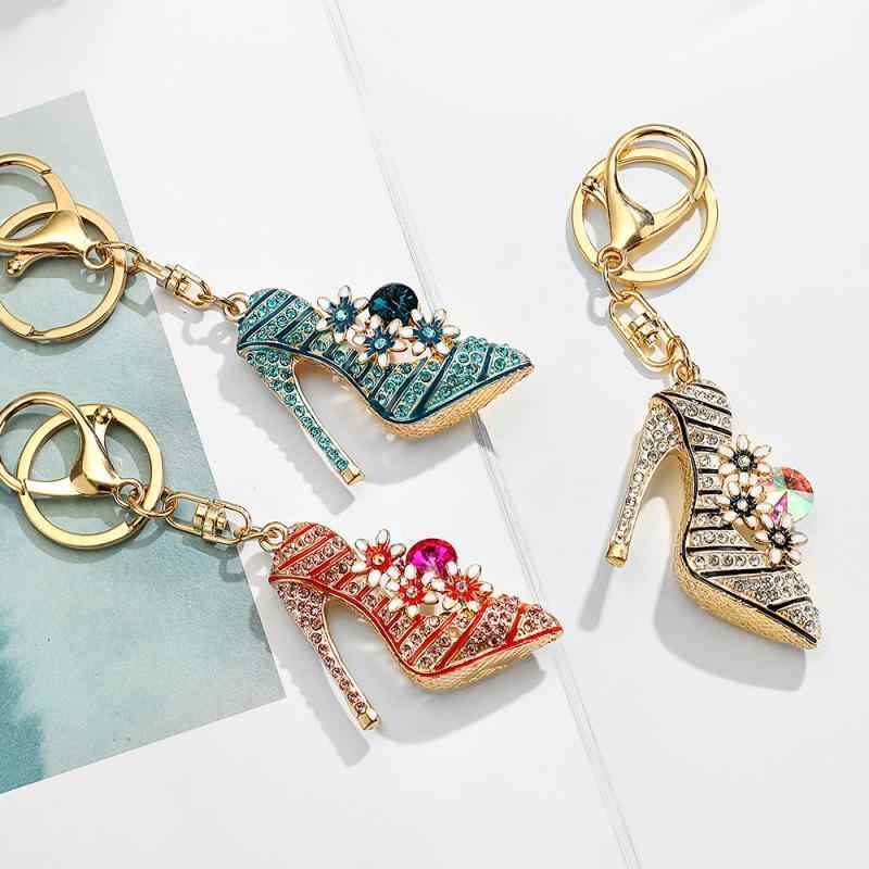 キーホルダー レディース キーリング バッグチャーム 女性用 ハイヒール パンプス 花 フラワー ラインストーン 金属製 欧米風 おしゃれ かわいい 結婚式 誕生日 プレゼント レッド ブルー ブラック 高級感 キラキラ