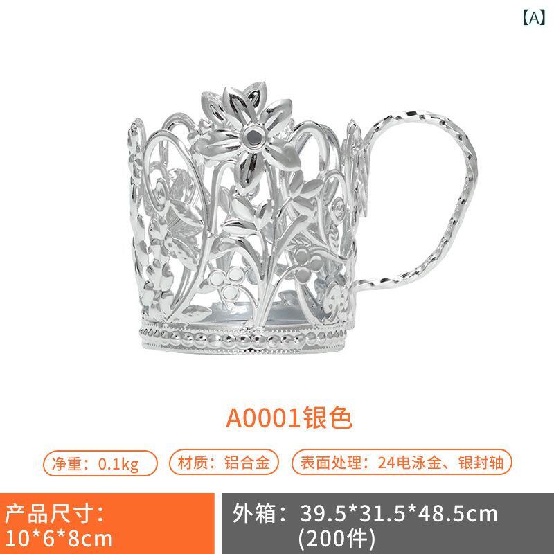 フロントップ楽天市場店のカップホルダー メンズ レディース 紙コップ スリーブ 茶托 アイアン 金属 鉄製 欧風 西洋 アンティーク レトロ ヴィンテージ風 銀 シルバー 高級感 豪華 エレガント 断熱 透かし彫り 来客用 接客 家庭｜アングル2