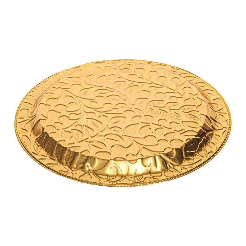 プレート 皿 トレイ お盆 ケーキ フルーツ 菓子 デザート アフタヌーンティー 撮影小物 装飾 デコレーション 花柄 丸型 ラウンド ゴールド 電気メッキ加工 アンティーク調 レトロ 高級感 キッチン 雑貨 卓上 18-28cm