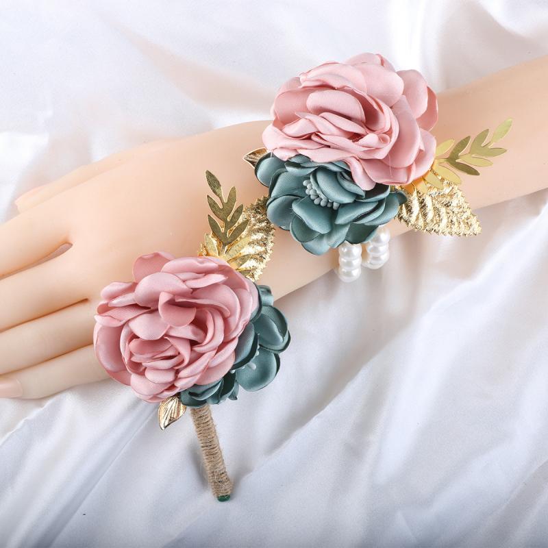 绿松石 - コサージュ メンズ レディース ブライズメイド ブローチ ブートニア リストブーケ 胸飾り 手首用 フラワー 造花 結婚式 披露宴 舞台 布製 ハンドメイド 韓国 上品 エレガント 高級感 ピンク グリーン アクセサリー 小物