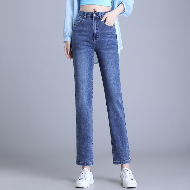 乐天商城 - デニムパンツ レディース 40代 秋冬 ジーンズ ハイウエスト 着痩せ 美脚 ストレート シガレット テーパード ロング丈 ゆったり ストレッチ 伸縮性 厚手 ウォッシュ加工 綿 コットン エレガント 通勤 普段使い ブルー グレー