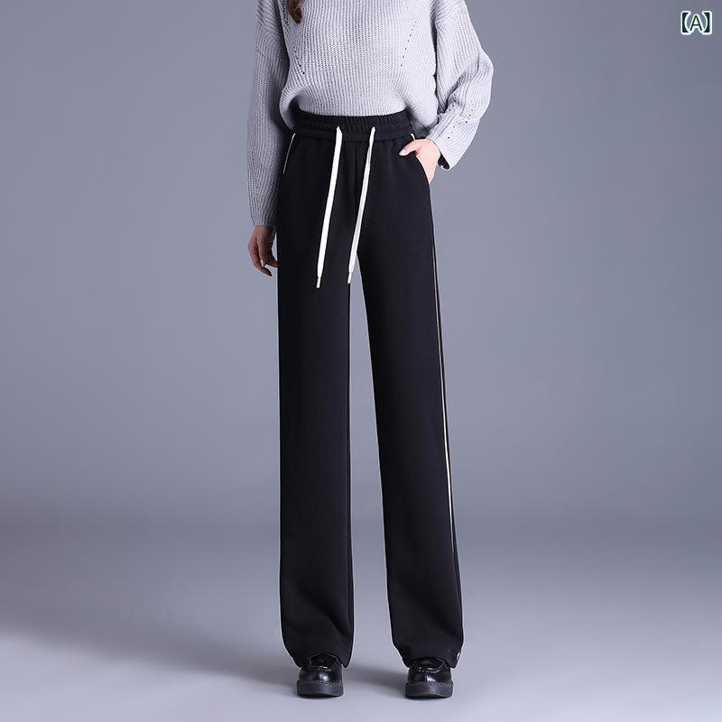 乐天商城 - ワイドパンツ レディース 長ズボン ボトムス ストレート サイドライン 着痩せ 脚長効果 ハイウエスト ゴム仕様 紐 ゆったり コットン カジュアル おしゃれ 通勤 秋冬 ブラック グレー ベージュ 厚手