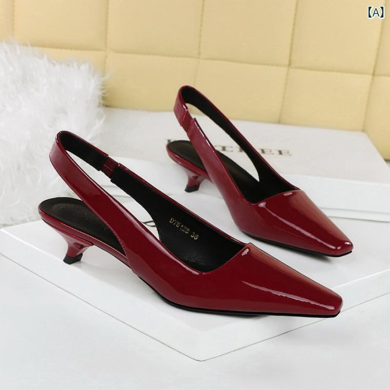 パンプス レディース 婦人靴 ポインテッドトゥ エナメル ローヒール バックストラップ カットアウト コーンヒール 欧米風 シンプル 美脚 春秋 ワインレッド ヌード 黒 パーティー 結婚式 オフィス 合成革 通気性 クッション性 滑り止め