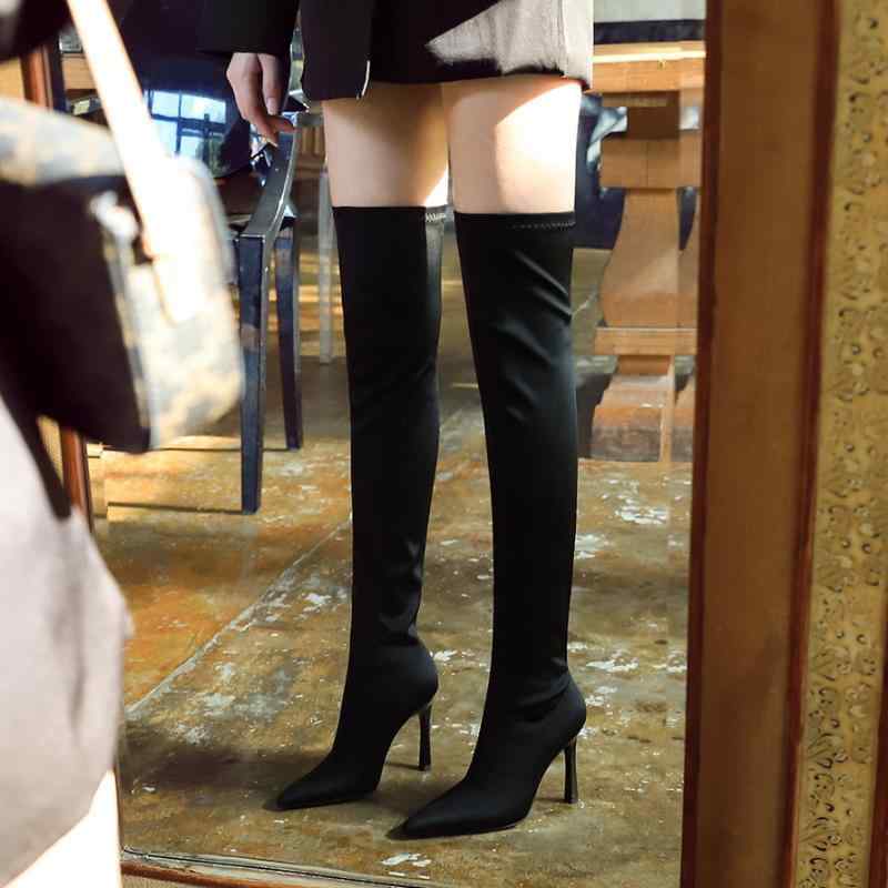 Rakuten - ロングブーツ レディース ニーハイ ポインテッドトゥ ピンヒール 美脚 細見え セクシー ストレッチ サテン スエード調 裏起毛 秋冬 ブラック パーティー ナイトクラブ 二次会 欧米風 高級感 華やか 艶やか エレガント 大人 上品