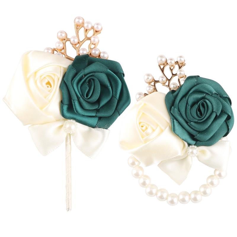 Blue - コサージュ メンズ レディース 結婚式 披露宴 二次会 ブローチ 新郎 花嫁 ブライズメイド ダークグリーン 深緑 ラペルピン ブートニア リストフラワー 手首飾り ハンドメイド 高級感 韓国 エレガント 布製
