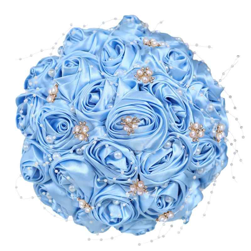 ブーケ レディース ウェディング 結婚式 前撮り 花束 サテン リボン バラ 薔薇 つぼみ ビーズ 造花 アーティフィシャルフラワー 高級感..