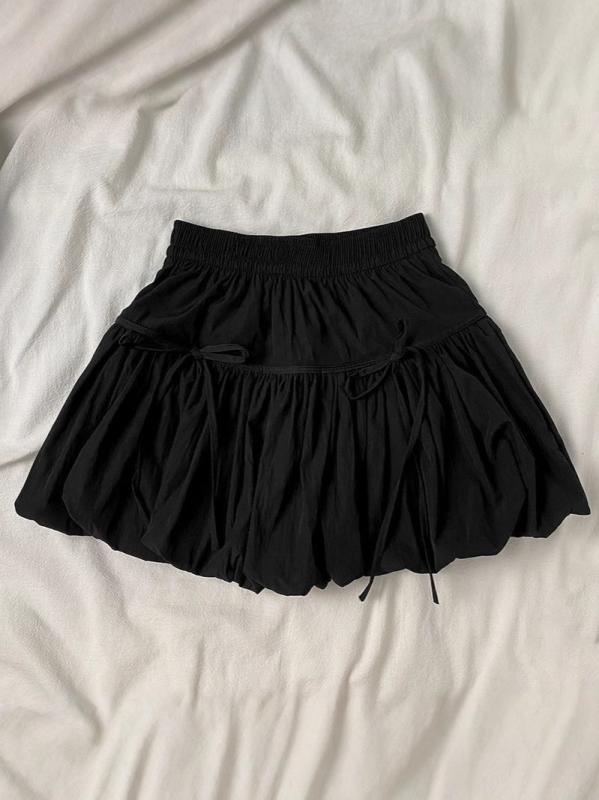 スカート レディース ミニ丈 チューリップスカート バルーンスカート ハイウエスト リボン 編み上げ 春夏 再生繊維 ポリエステル 切り替え ホワイト ブラック 甘め フェミニン カジュアル お出かけ デート パーティー