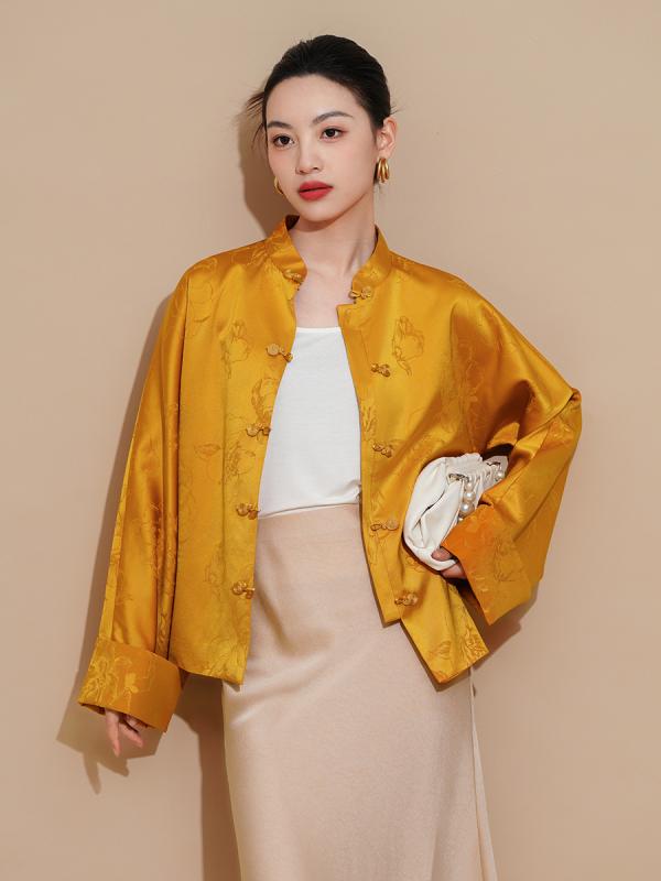 ジャケット レディース アウター チャイナ服 シャツ 金 ゴールド 春夏 薄手 高級感 上品 エレガント 中華風 立ち襟 マオカラー トリアセテート ジャガード ボタン 羽織り 普段使い お呼ばれ フォーマル