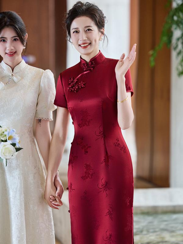 乐天商城 - チャイナドレス レディース 40代 結婚式 披露宴 パーティー フォーマル ワンピース ロング丈 高級感 型 マザーズドレス 立襟 三分袖 アセテート繊維 ポリエステル ジャガード 3D 立体柄 上品 エレガント 華やか マキシ丈 母親 親族 夏