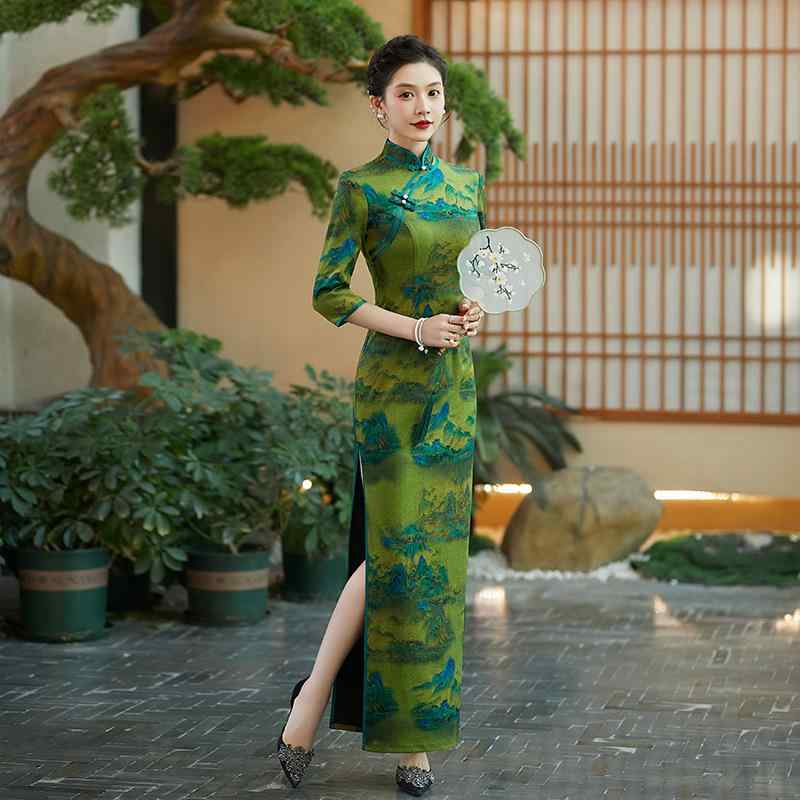 ワンピース レディース チャイナドレス 秋冬 ロング丈 型 スタンドカラー ハイスリット レトロ 山水画 高級感 グリーン エレガント 上品 パーティー お呼ばれ 結婚式 七分袖 立ち襟 体型カバー 大きいサイズ