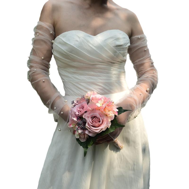 手袋 レディース ウェディング ブライダル 結婚式 パーティー ロング パール パール チュール アームカバー フィンガーレス 指なし 接触冷感 速乾 UVカット 日焼け防止 高級感 おしゃれ 白 黒 春夏