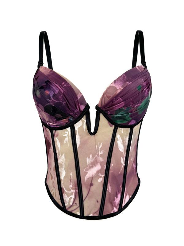 ビスチェ レディース キャミソール トップス インナー 高級感 プリント 花柄 ボーン入り 胸パッド コルセット 補正下着 セクシー 欧米風 ショート丈 チェーン 伸縮性 秋冬 紫 アプリコット オレンジ ギャザー