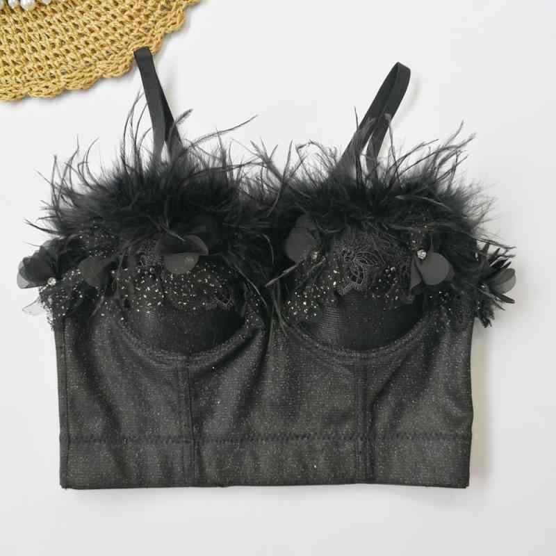 Camisoles - キャミソール レディース ビスチェ セクシー フェザー 羽 レース チュール メッシュ 切り替え バックレス 背中見せ グリッター ラメ トップス インナー 重ね着 欧米風 高級感 アセテート 秋冬 ブラック ピーコックブルー ショート丈 スリム タイト