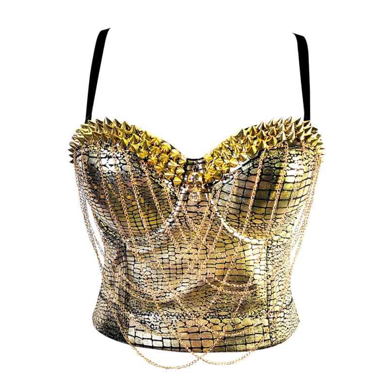 ベアトップ レディース 女性用 ビスチェ コルセット 補正下着 インナー 金属チェーン ボーン入り 寄せ上げ 谷間メイク 背中見せ バックレス 胸元カバー 脇肉 ゴールド 高級感 ポリエステル パーティー ダンス