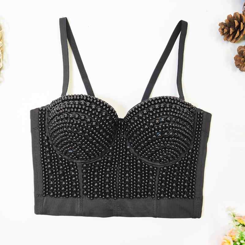 Camisoles - ビスチェ レディース ブラジャー 肩出し コルセット 補正下着 パール ビーズ 谷間 脇高 寄せ 上げ 背中見せ くびれ 衣装 セクシー 高級感 ショート丈 ボーン入り ポリエステル 黒 ホワイト ローズ