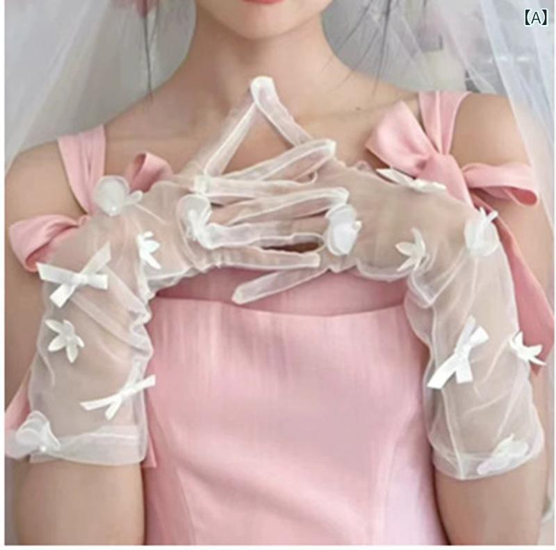手袋 レディース ウェディング ブライダル 挙式 披露宴 新婦 リボン 蝶結び 小花 かわいい スイート 写真撮影 アクセサリー ミドル丈 チュール シアー 透け感 レース 上品 清楚 エレガント ホワイト オールシーズン 2