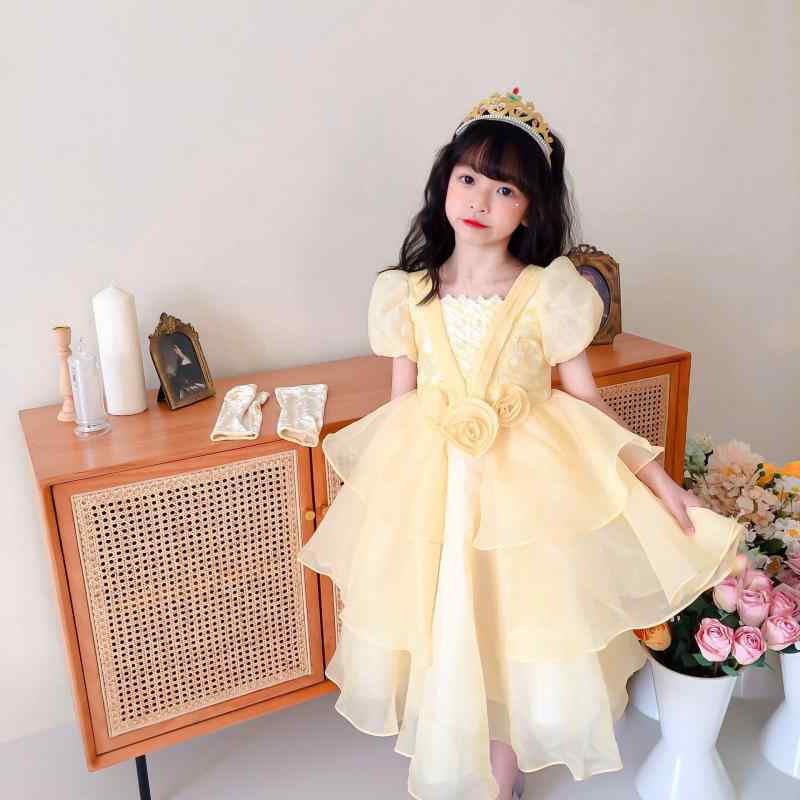 ワンピース 女の子 キッズ プリンセスドレス なりきり 半袖 春夏 綿 コットン 発表会 パーティー お出かけ 花柄 かわいい UVカット 通気性 吸汗 速乾 柔らかい 快適 幼児 ジュニア ガールズ イエロー系