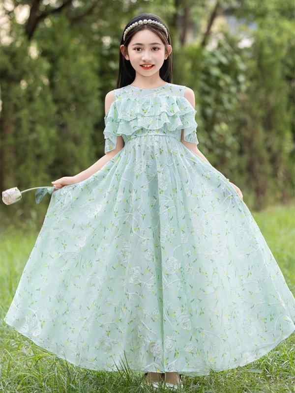 ワンピース 女の子 キッズ 子供 花柄 フラワープリント シフォン サマードレス 春夏 Aライン ロング丈 ノースリーブ ビーチ リゾート 普段使い かわいい おしゃれ グリーン ブルー系 ポリエステル 柔らかい 快適 吸湿速乾